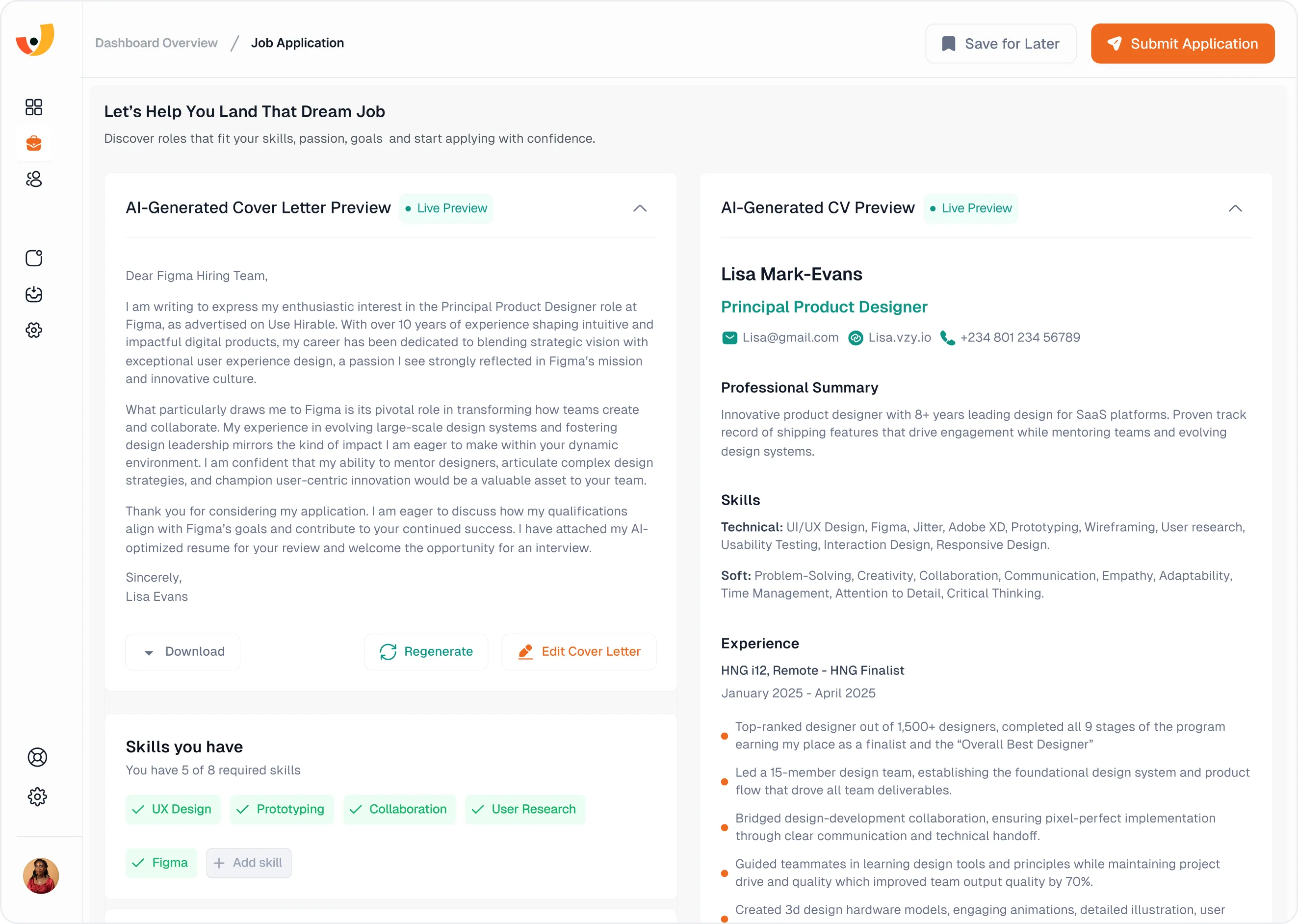 Generated cover letter and CV preview